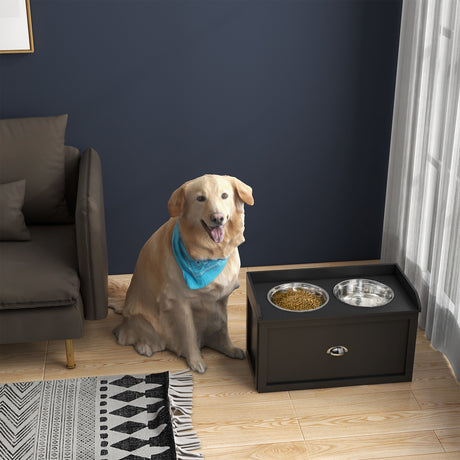 easycomfort easycomfort ciotole per cani rialzate in acciaio inox e legno con cassetto 60x30x36cm nero