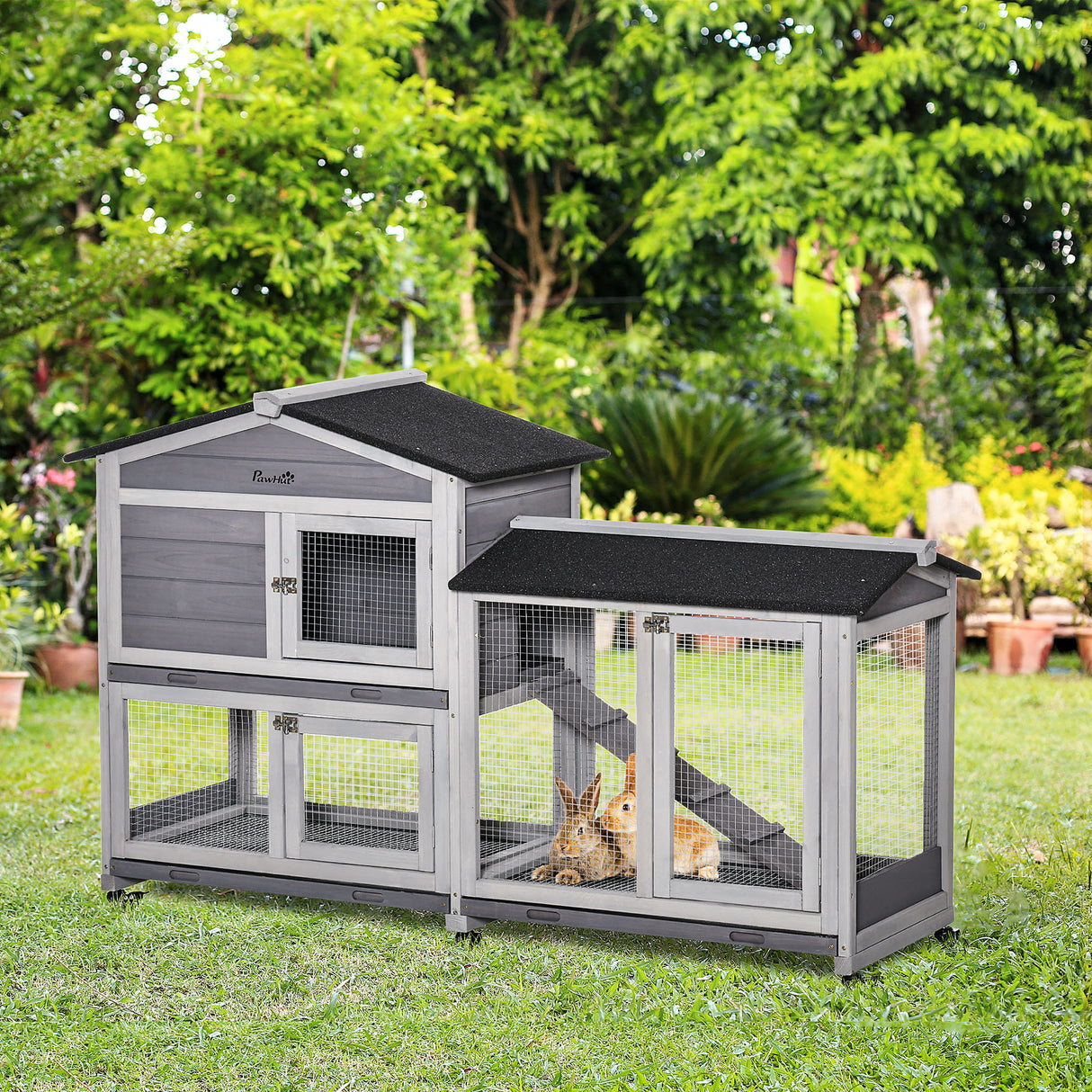 easycomfort easycomfort conigliera a 2 livelli con rete protettiva e rotelle in legno e metallo 157 4x53x99 5 cm grigio