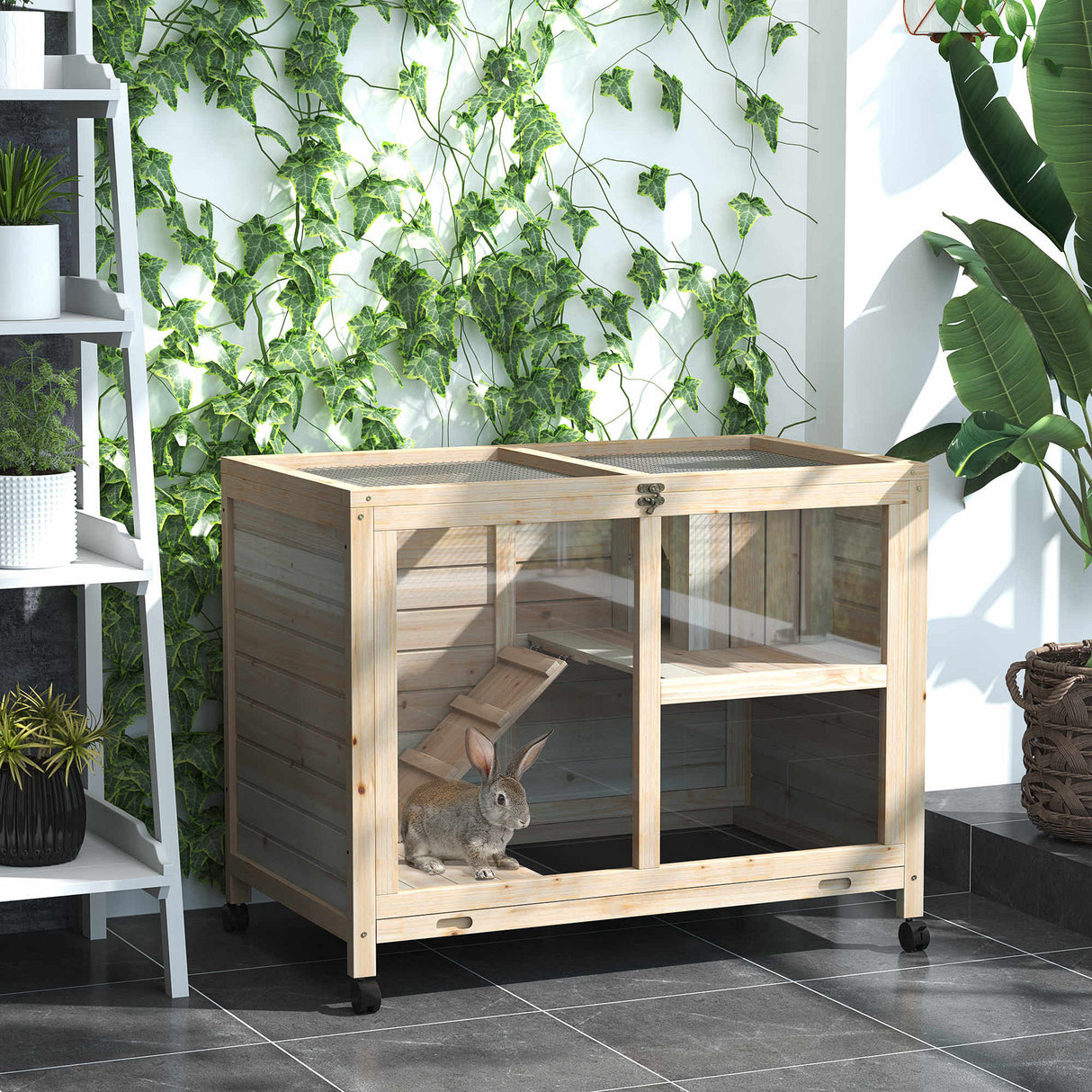 easycomfort easycomfort conigliera in legno a 2 piani con casetta rampa e vassoio estraibile 91 5x53 3x73cm