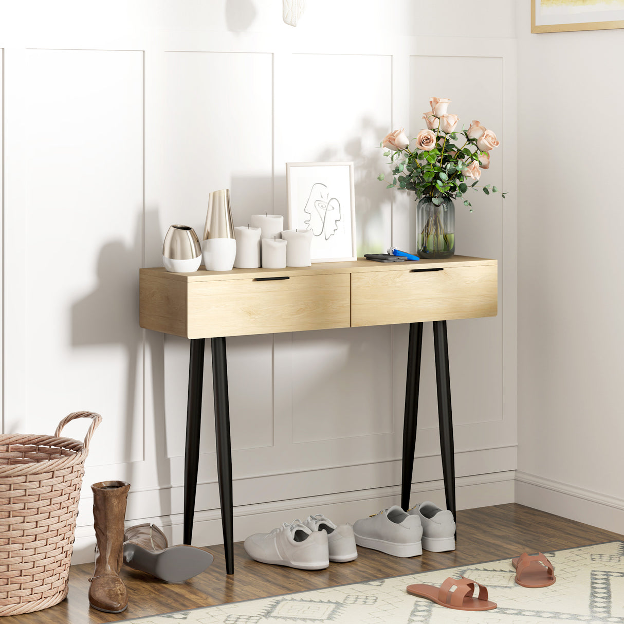 easycomfort easycomfort consolle da ingresso in stile nordico con 2 cassetti in legno e acciaio 100x30x80 5 cm rovere