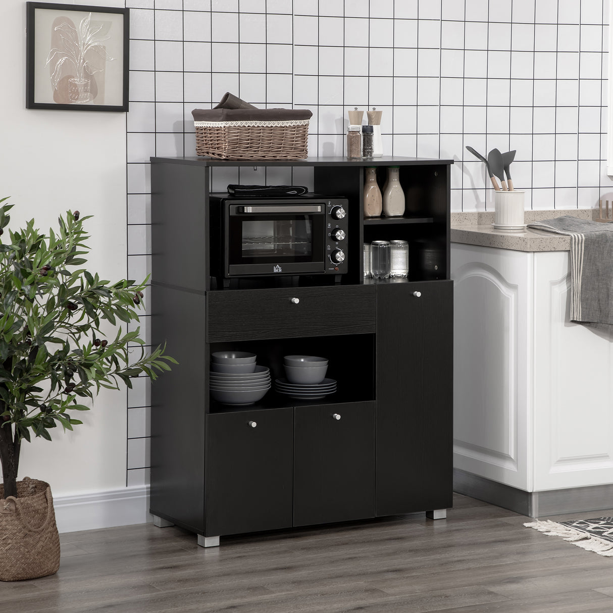 easycomfort easycomfort credenza da cucina in legno per microonde con armadietti mensole e cassetto 90x40x120 cm nero