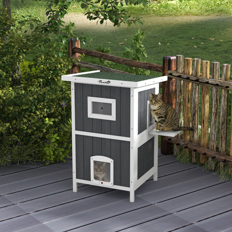 easycomfort easycomfort cuccia per gatti da esterno in legno a 2 livelli con tetto in asfalto e 4 porte 60x60x90 5cm grigio