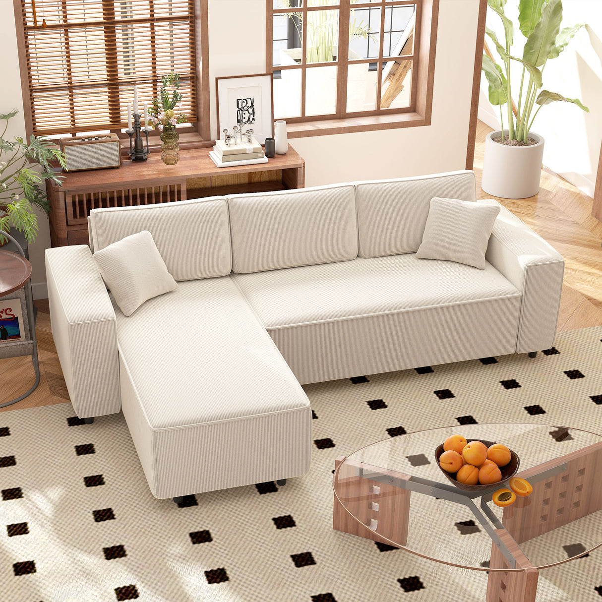 easycomfort easycomfort divano con penisola a 3 posti in tessuto effetto velluto schiuma e nylon 241x153x83 cm bianco crema