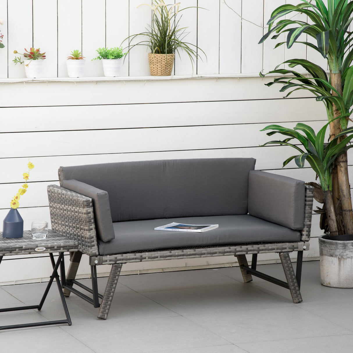 easycomfort easycomfort divano da giardino 2 posti in rattan con imbottitura e braccioli ribaltabili 129x63x67cm grigio