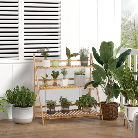 easycomfort easycomfort fioriera da esterno a 3 livelli in bambu con design rialzato e pieghevole 98x37x96 5 cm color legno