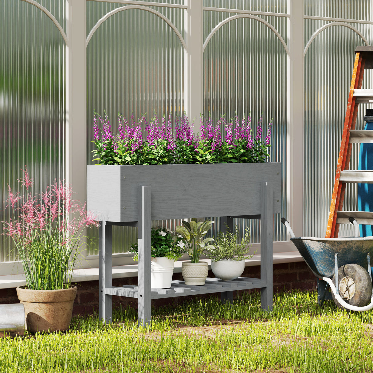 easycomfort easycomfort fioriera rialzata con ripiano inferiore e 2 fori di drenaggio in legno di abete 100x30x70 5 cm grigio
