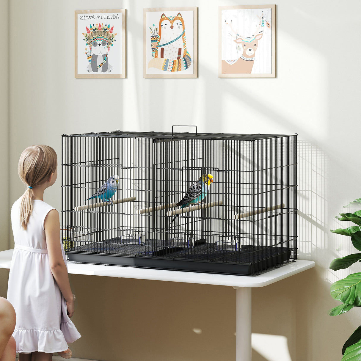 easycomfort easycomfort gabbia per uccelli con divisorio e ripiano inferiore portaoggetti in acciaio e pp 94x57x57 cm nero