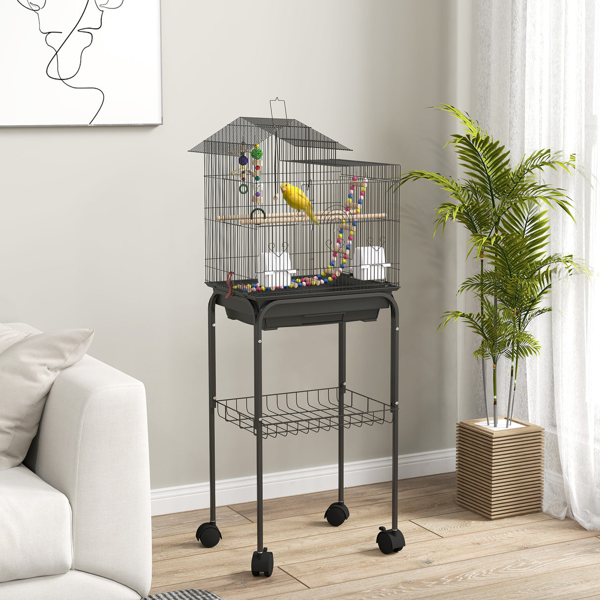 easycomfort easycomfort gabbia per uccelli con piedistallo ruote girevoli ripiano e accessori 46x36x120 cm nero