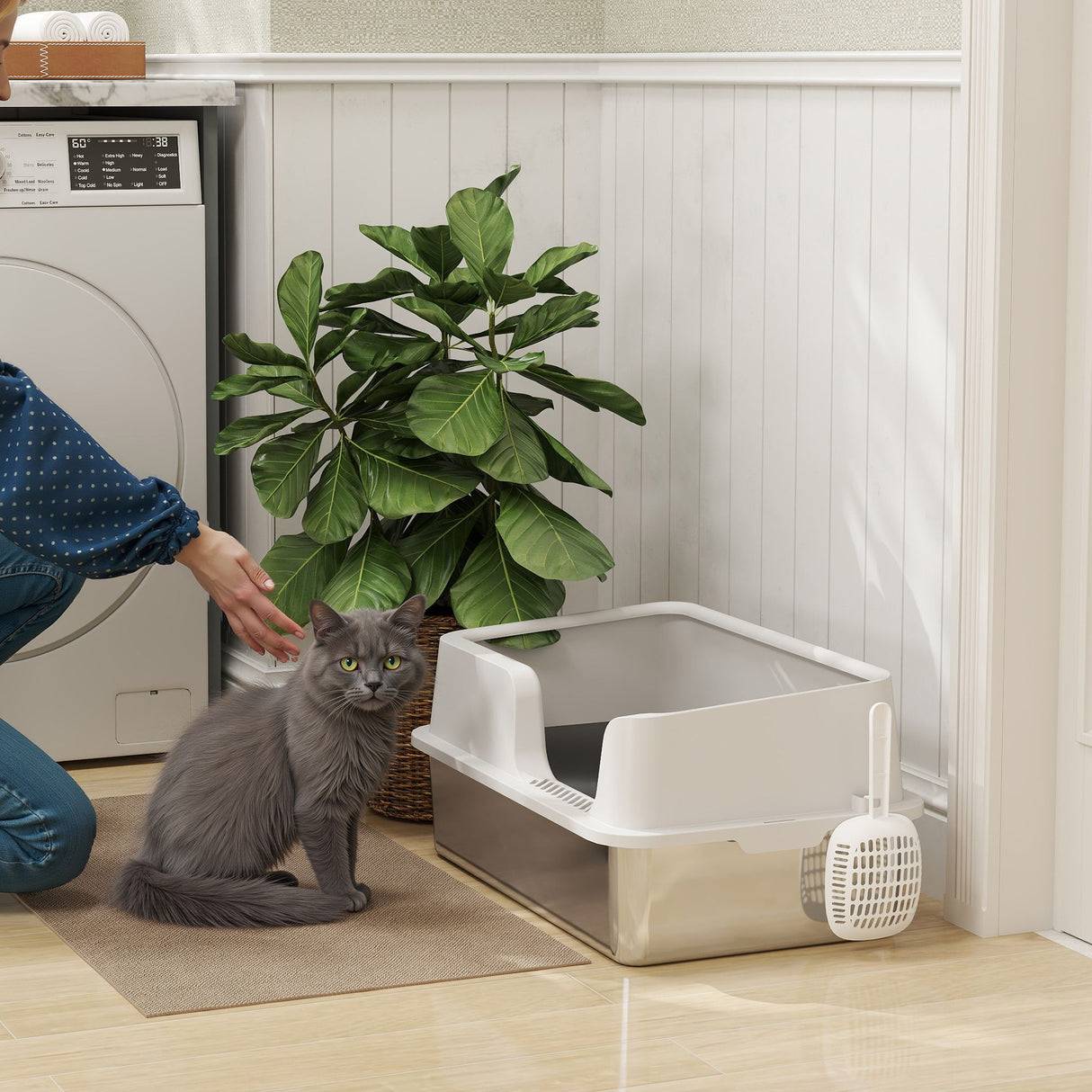 easycomfort easycomfort lettiera per gatti con bordi rialzati vassoio e paletta in acciaio inox e pp 60x40x28 cm grigio chiaro