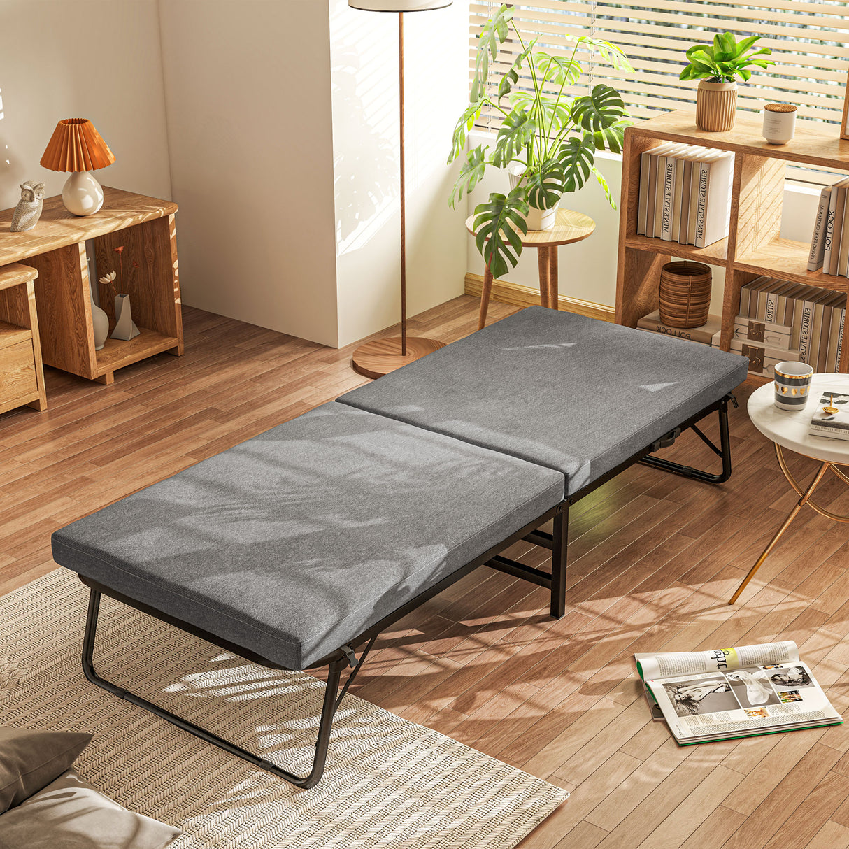 easycomfort easycomfort letto pieghevole su 5 livelli con materasso e 4 rotelle in metallo e tessuto effetto lino 180x70x38 cm grigio