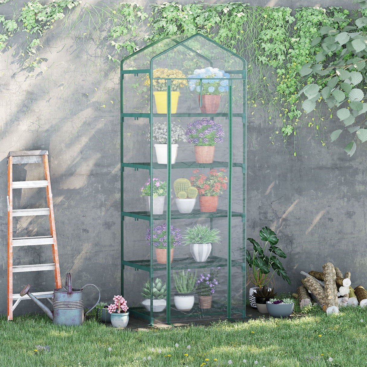 easycomfort easycomfort mini serra da giardino e terrazza per piante a 5 ripiani in acciaio con copertura in pvc 69x49x193 cm verde