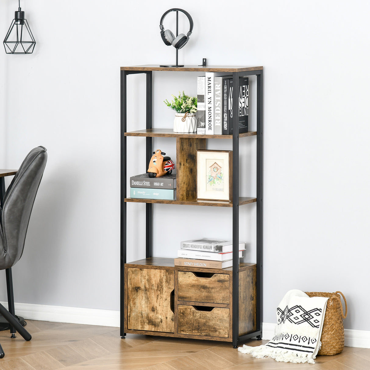 easycomfort easycomfort mobile libreria con 3 ripiani armadietto e 2 cassetti in truciolato e metallo 58x24x122 cm
