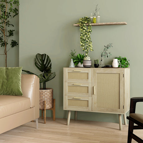 easycomfort easycomfort mobile multiuso stile boho con armadietto e 3 cassetti in legno e rattan 80x36x75cm rovere