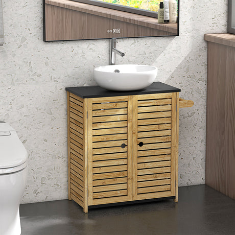 easycomfort easycomfort mobile sottolavabo bagno con 2 ante a doghe porta asciugamani e intaglio a u legno e nero