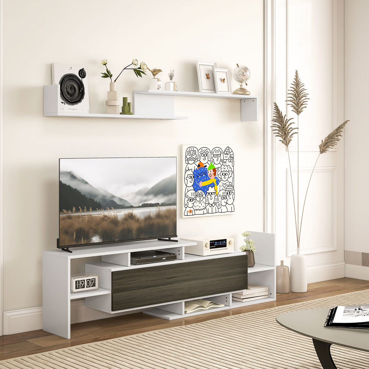 easycomfort easycomfort mobile tv con mensola a muro ripiani aperti e armadietto in legno bianco e nero