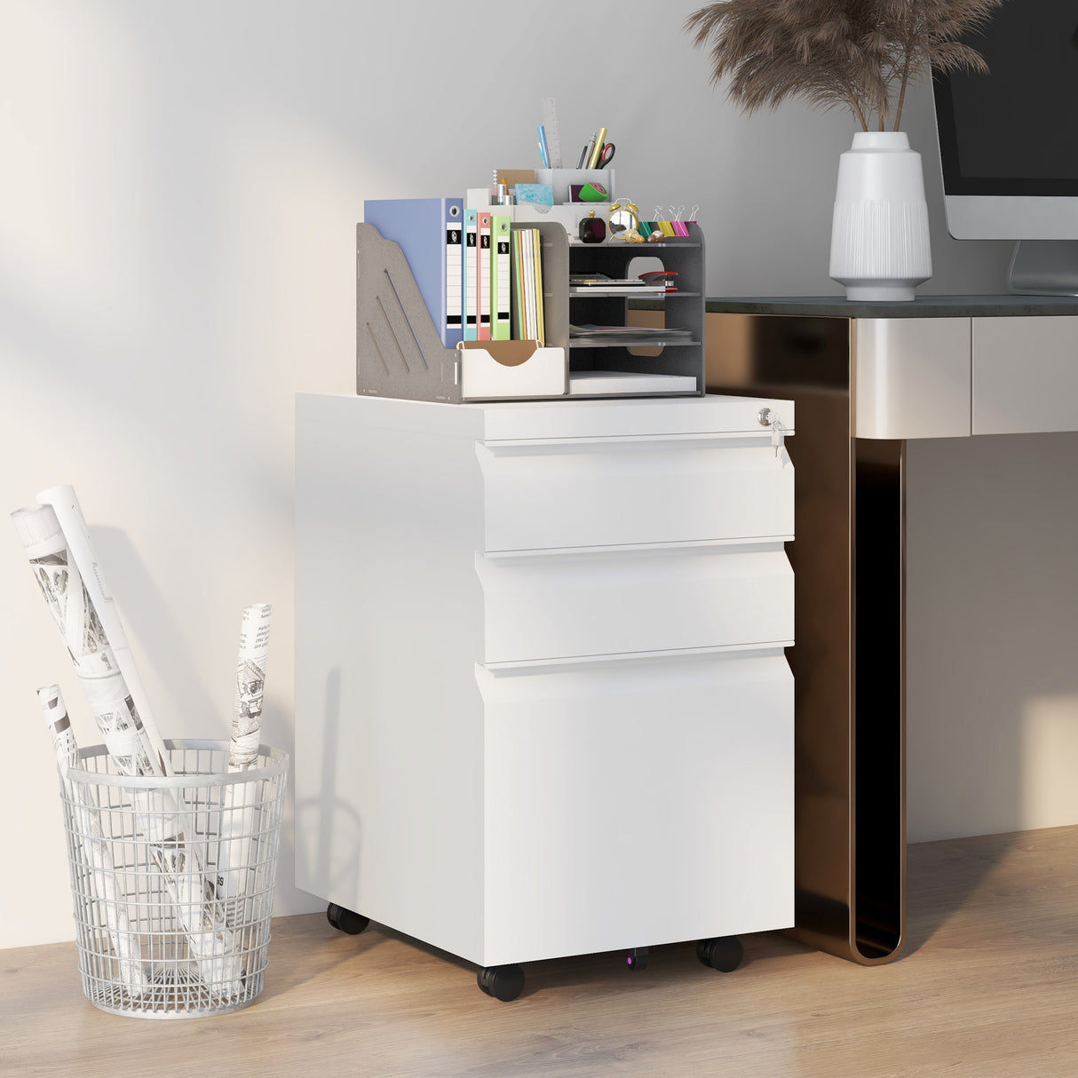 easycomfort easycomfort mobiletto da ufficio a 3 cassetti con barra regolabile e vassoio in acciaio 37x43 5x60 cm bianco