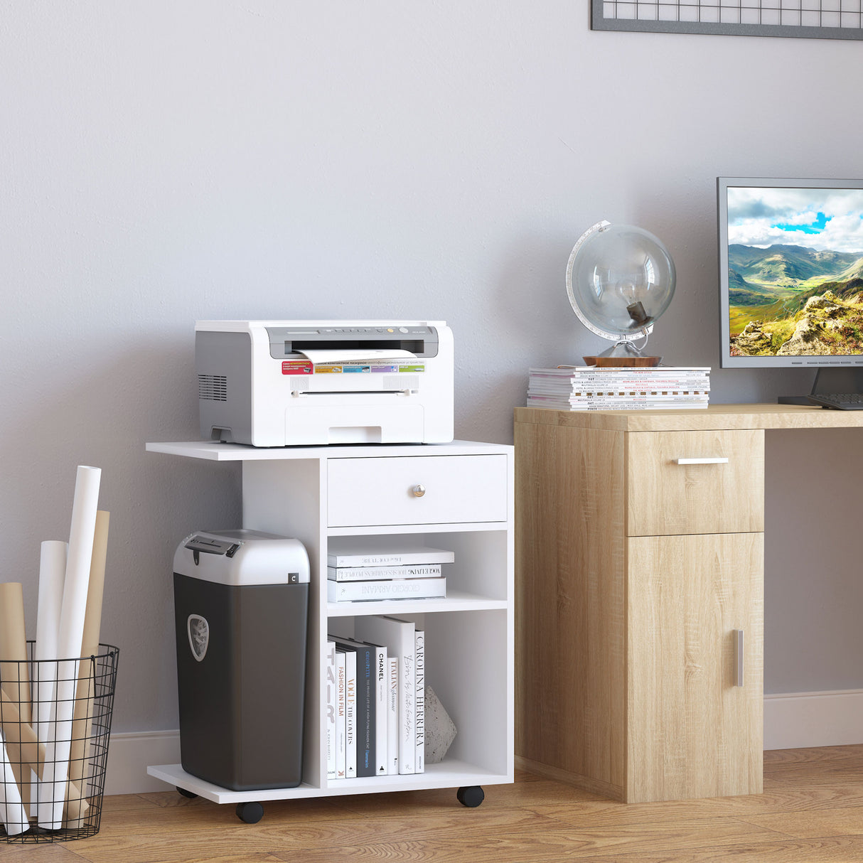 easycomfort easycomfort mobiletto per stampante in legno con 4 ruote mensola regolabile e piano per cpu bianco