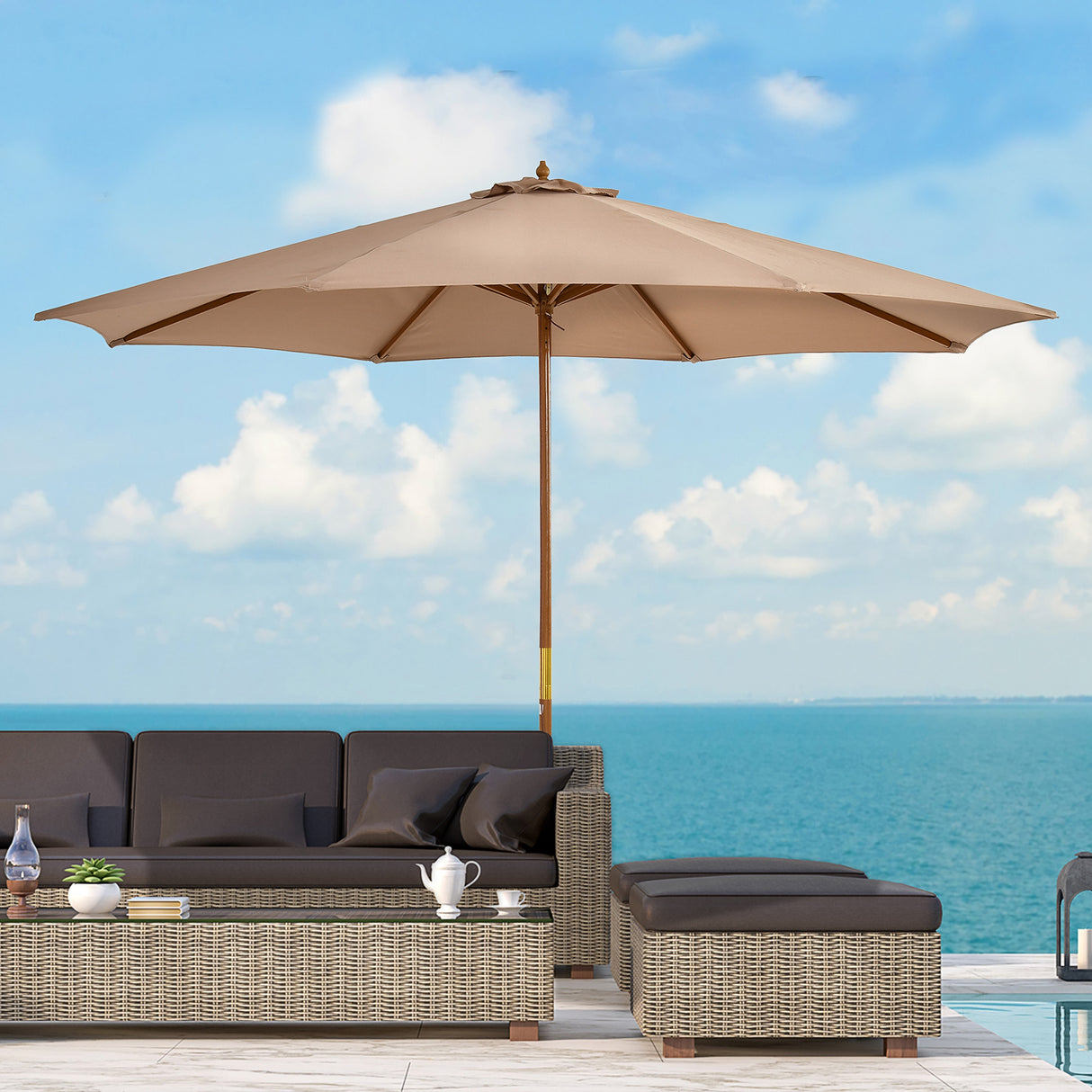easycomfort easycomfort ombrellone da giardino 3 m con palo in legno 8 stecche e parasole in poliestere cachi
