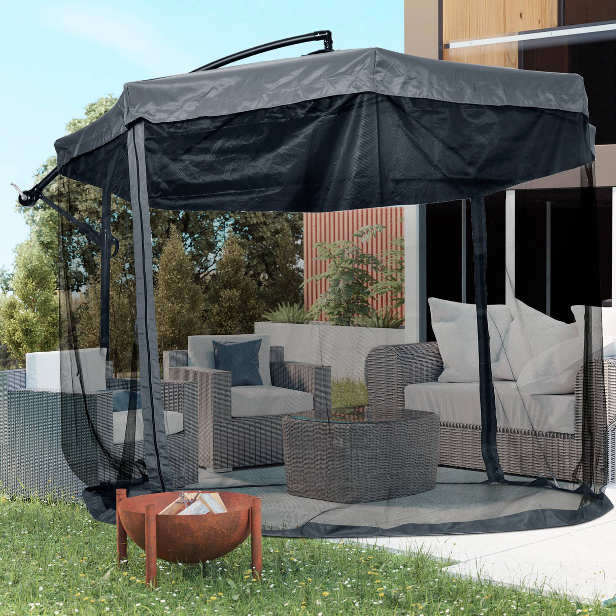 easycomfort easycomfort ombrellone da giardino 3x3 m con zanzariera apertura a manovella e base a croce grigio scuro