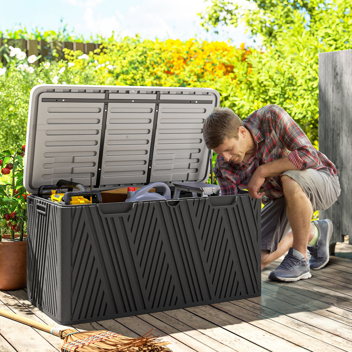 easycomfort easycomfort panca contenitore 380l in hdpe con 2 maniglie laterali e leva a gas 115x60x60 cm nero e grigio