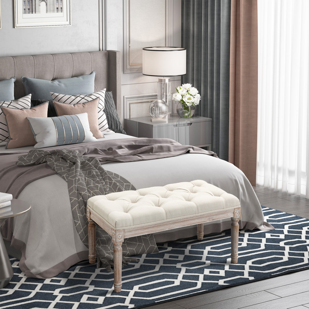 easycomfort easycomfort panca fondo letto imbottita con rivestimento effetto lino e gambe in legno 80x40x41cm beige