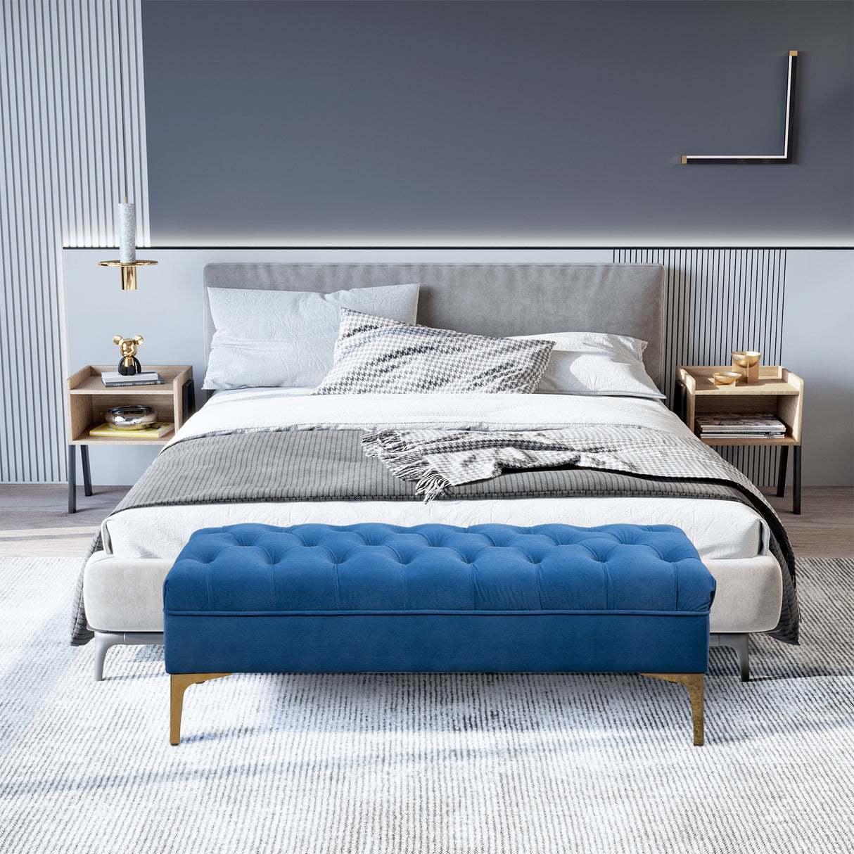 easycomfort easycomfort panca imbottita fondoletto in tessuto vellutato e base in metallo dorato 118x45x42 cm blu