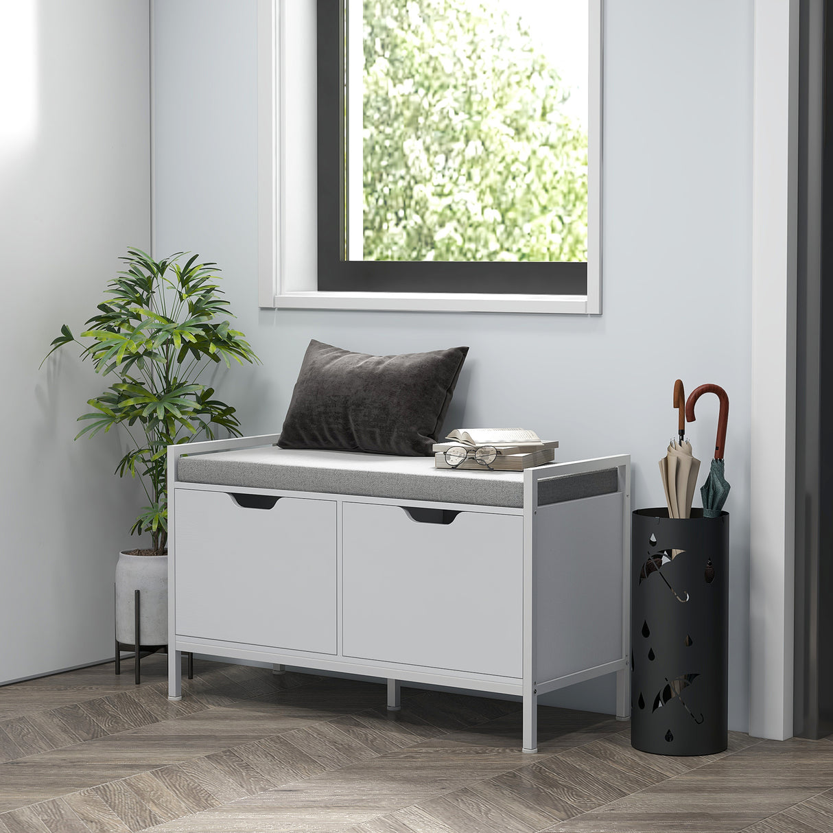 easycomfort easycomfort panca scarpiera a 2 armadietti con cuscino in tessuto effetto lino legno e acciaio 84x35x50 cm bianco