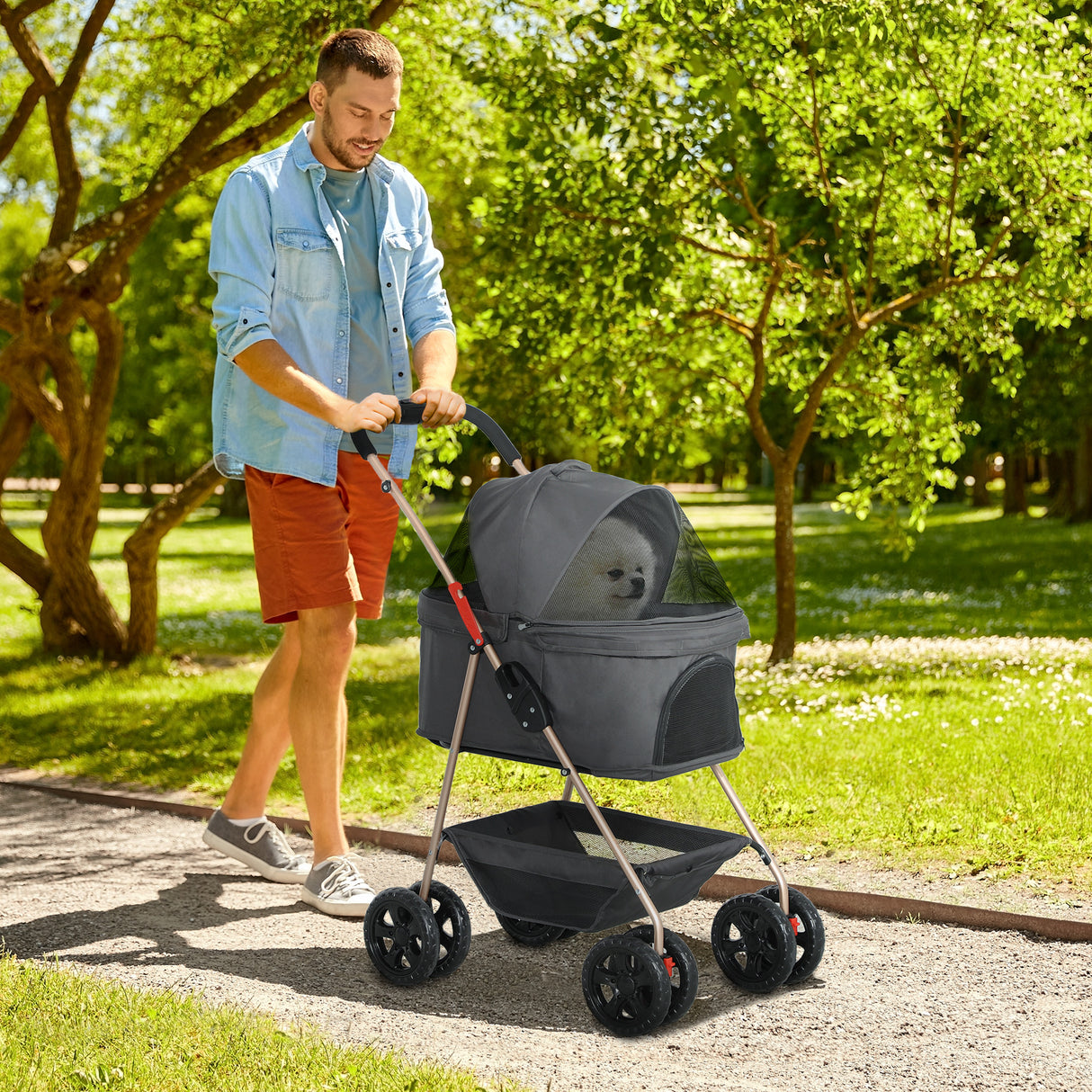easycomfort easycomfort passeggino per cani 3 in 1 pieghevole con borsa trasportino e cestino inferiore grigio