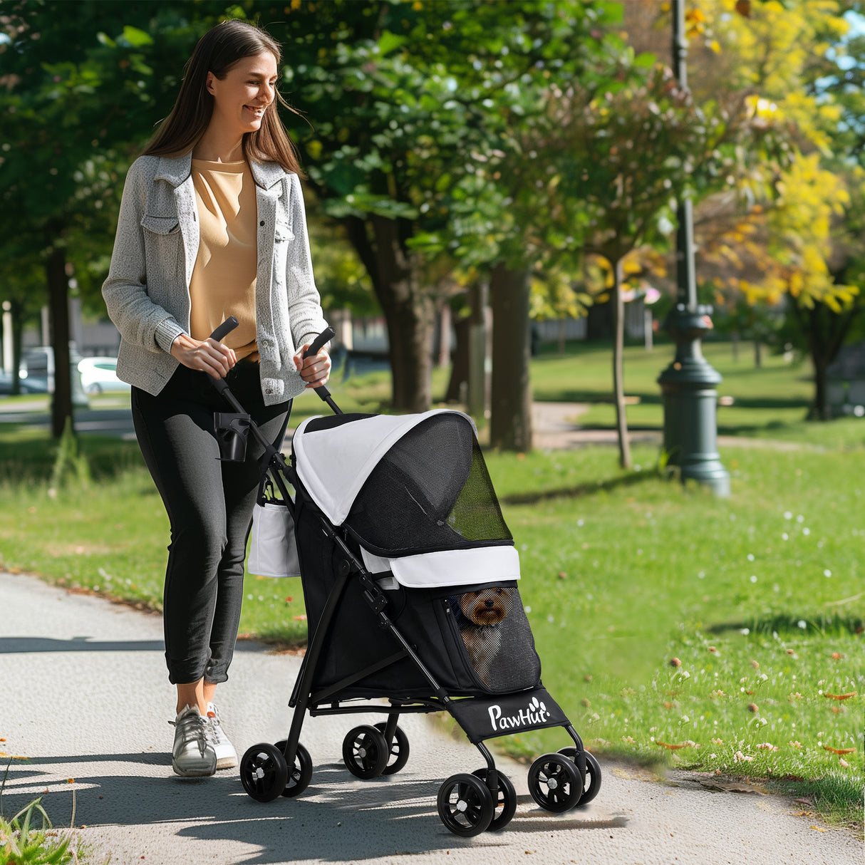 easycomfort easycomfort passeggino per cani con 2 finestre a rete in acciaio e tessuto oxford 76x44x103 cm nero e grigio chiaro