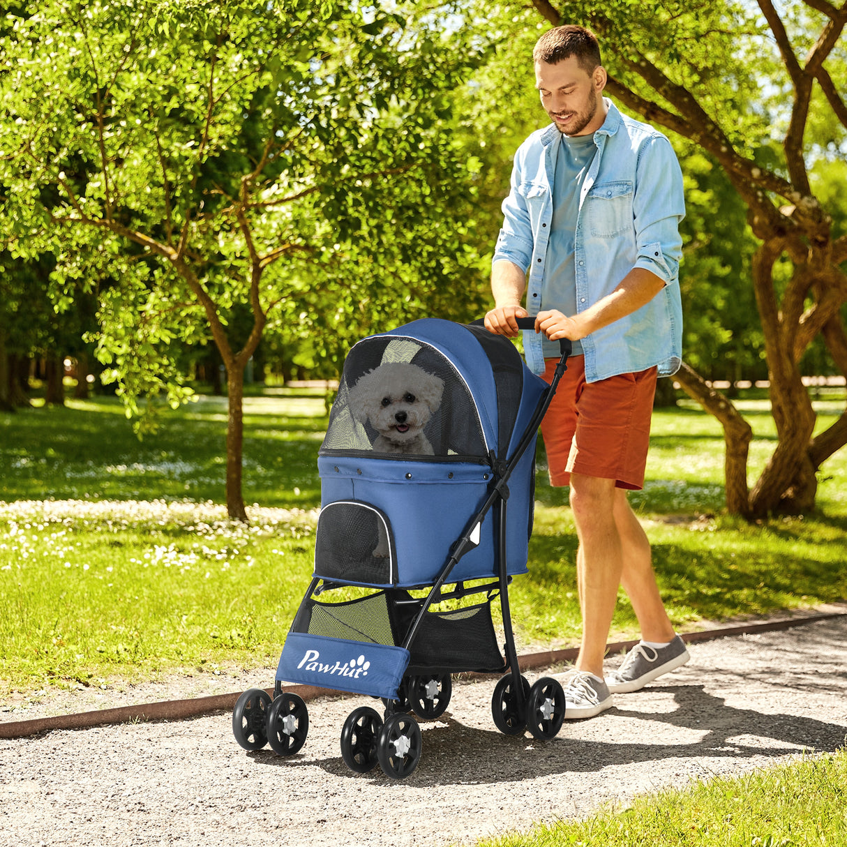 easycomfort easycomfort passeggino per cani con cesto cuscino e 2 guinzagli in acciaio e tessuto oxford 81x48x99 cm nero e blu scuro