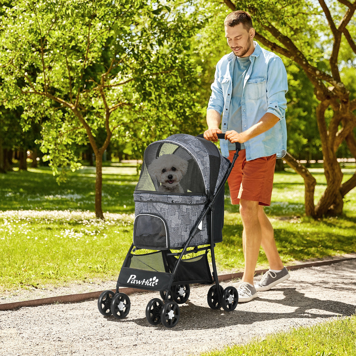 easycomfort easycomfort passeggino per cani con cesto cuscino e 2 guinzagli in acciaio e tessuto oxford 81x48x99 cm nero e grigio