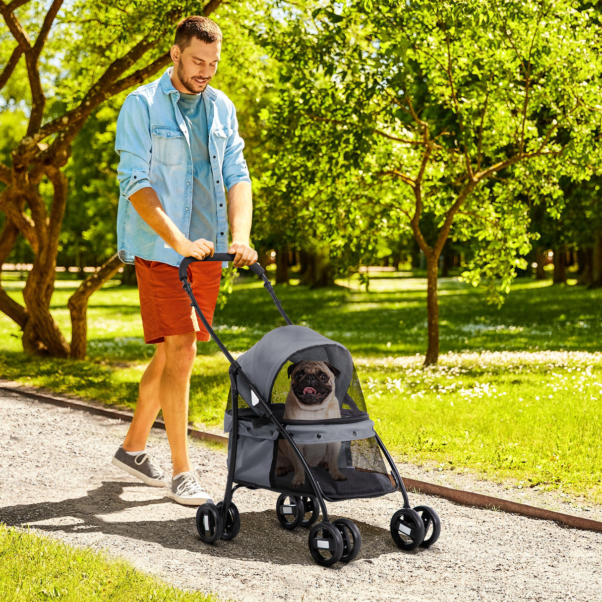 easycomfort easycomfort passeggino per cani pieghevole con tettuccio regolabile borsa e 2 guinzagli 82x47x97 cm grigio e nero