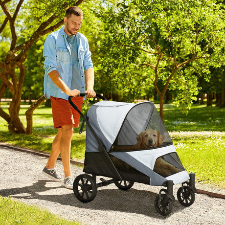 easycomfort easycomfort passeggino per cani taglia grande pieghevole con finestre a rete cuscino e guinzagli 124x67x100 cm grigio