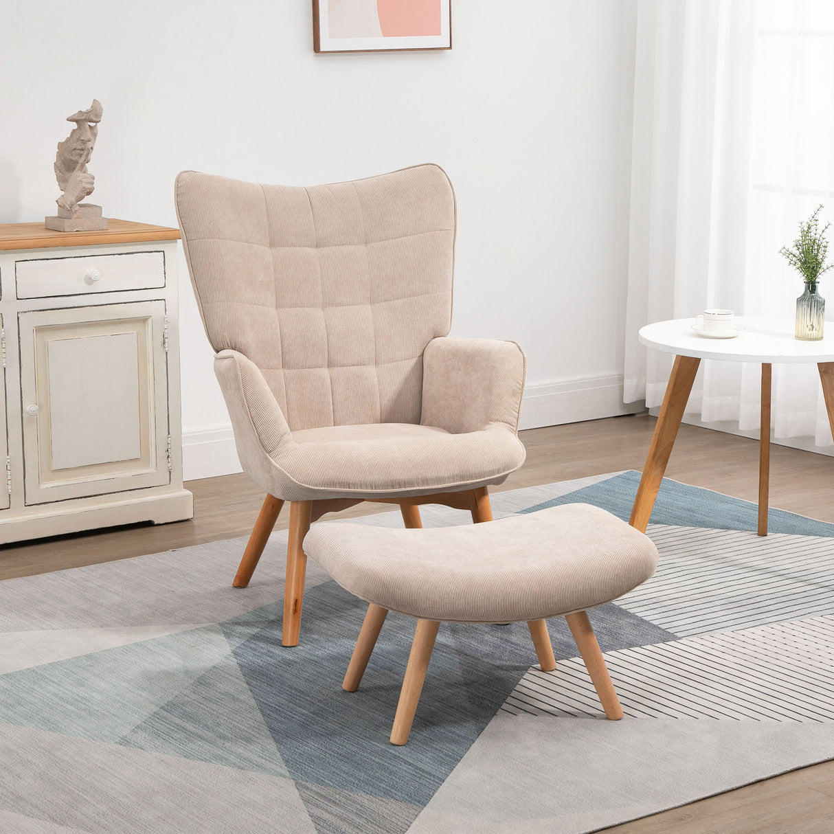 easycomfort easycomfort poltrona relax con pouf poggiapiedi in velluto a costine con schienale alto e braccioli beige