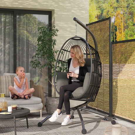 easycomfort easycomfort poltrona sospesa a uovo con gancio regolabile 2 cuscini e cesto in acciaio 120x88x192 cm nero e grigio