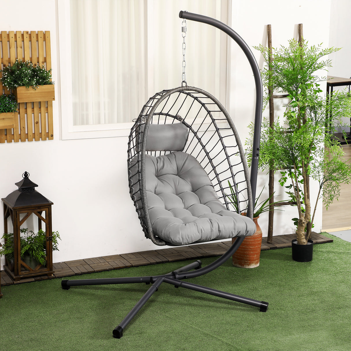 easycomfort easycomfort poltrona sospesa in rattan pe con cuscino seduta pieghevole e struttura in acciaio grigio