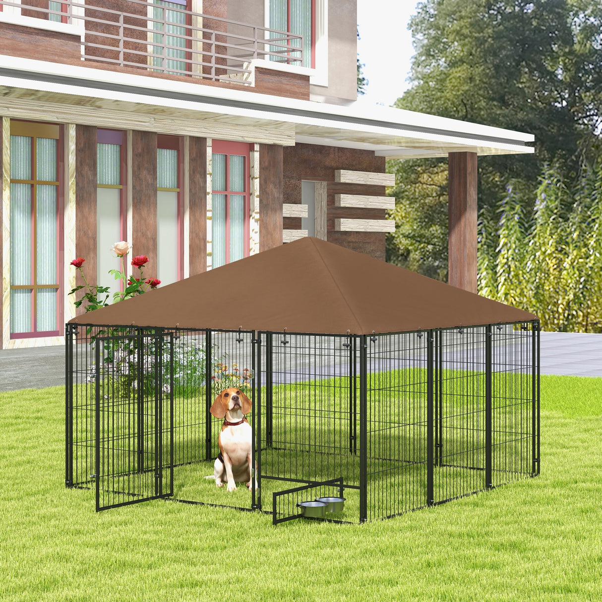 easycomfort easycomfort recinto per cani in metallo e tessuto oxford con porticina per ciotole 211x211x151 cm nero e marrone