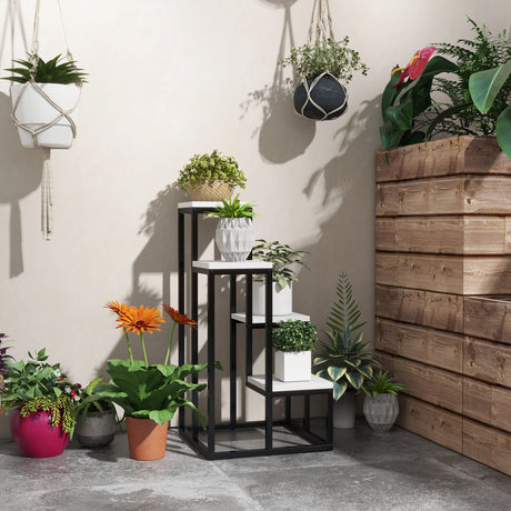 easycomfort easycomfort scaffale per piante a 4 livelli in acciaio e legno 34x34x70cm bianco e nero