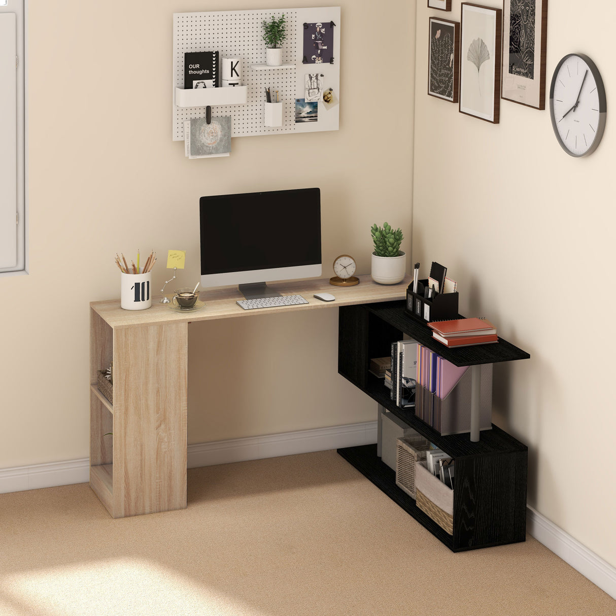 easycomfort easycomfort scrivania angolare salvaspazio con ripiano a s in legno 140x120x78 cm color legno