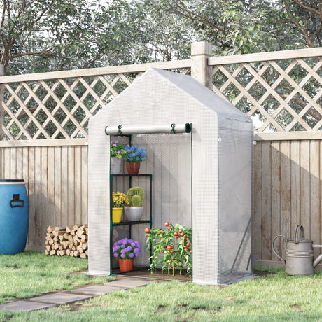 easycomfort easycomfort serra da giardino in pe e acciaio per esterni con 2 scaffali e porta avvolgibile 143x73x195 cm bianco