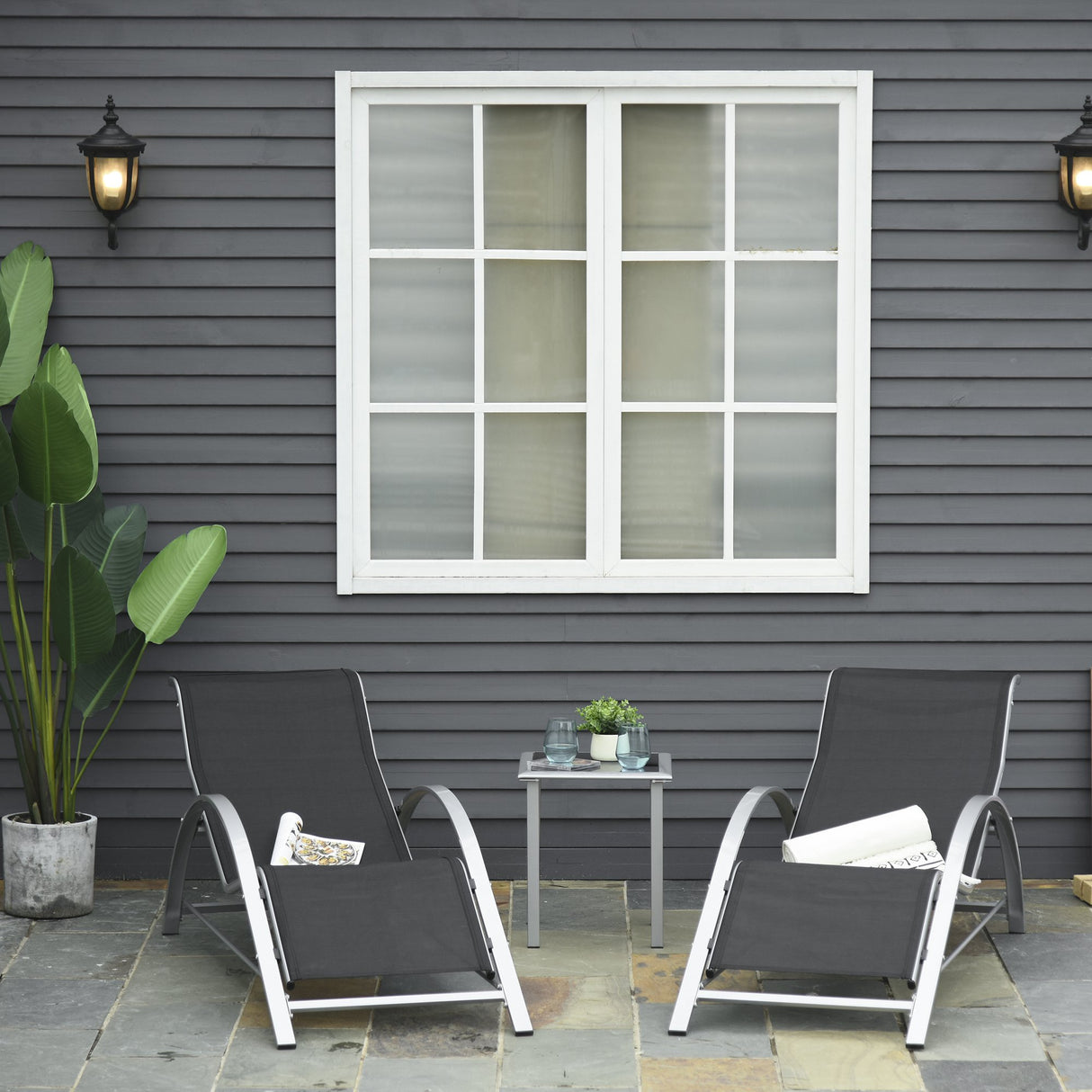 easycomfort easycomfort set 2 sdraio da giardino e tavolino con vetro lettino prendisole con tessuto traspirante 59 x 169 x 66cm nero grigio ean 8054144134192