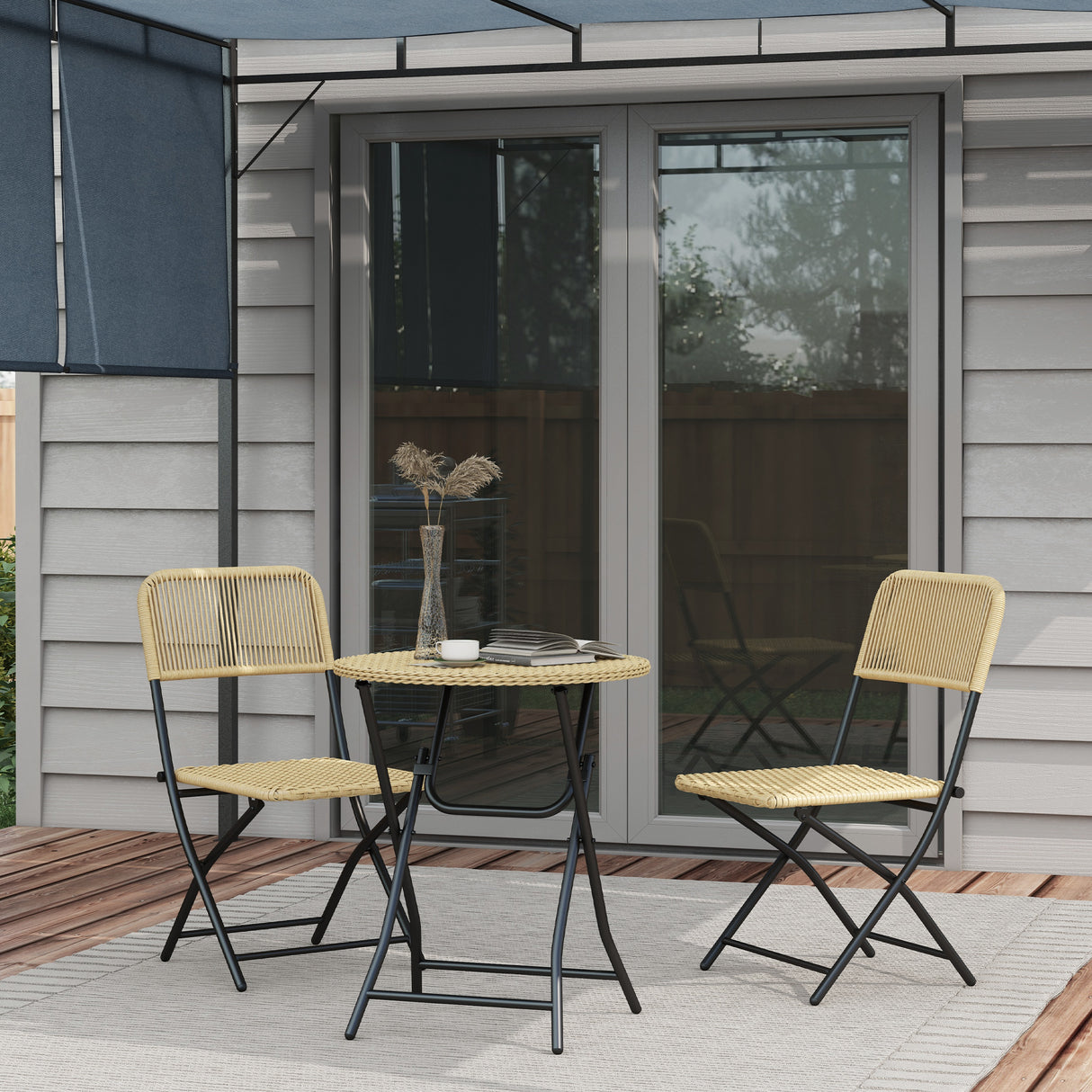 easycomfort easycomfort set da giardino 3 pezzi in rattan e acciaio 2 sedie pieghevoli e tavolino da caffe giallo e nero