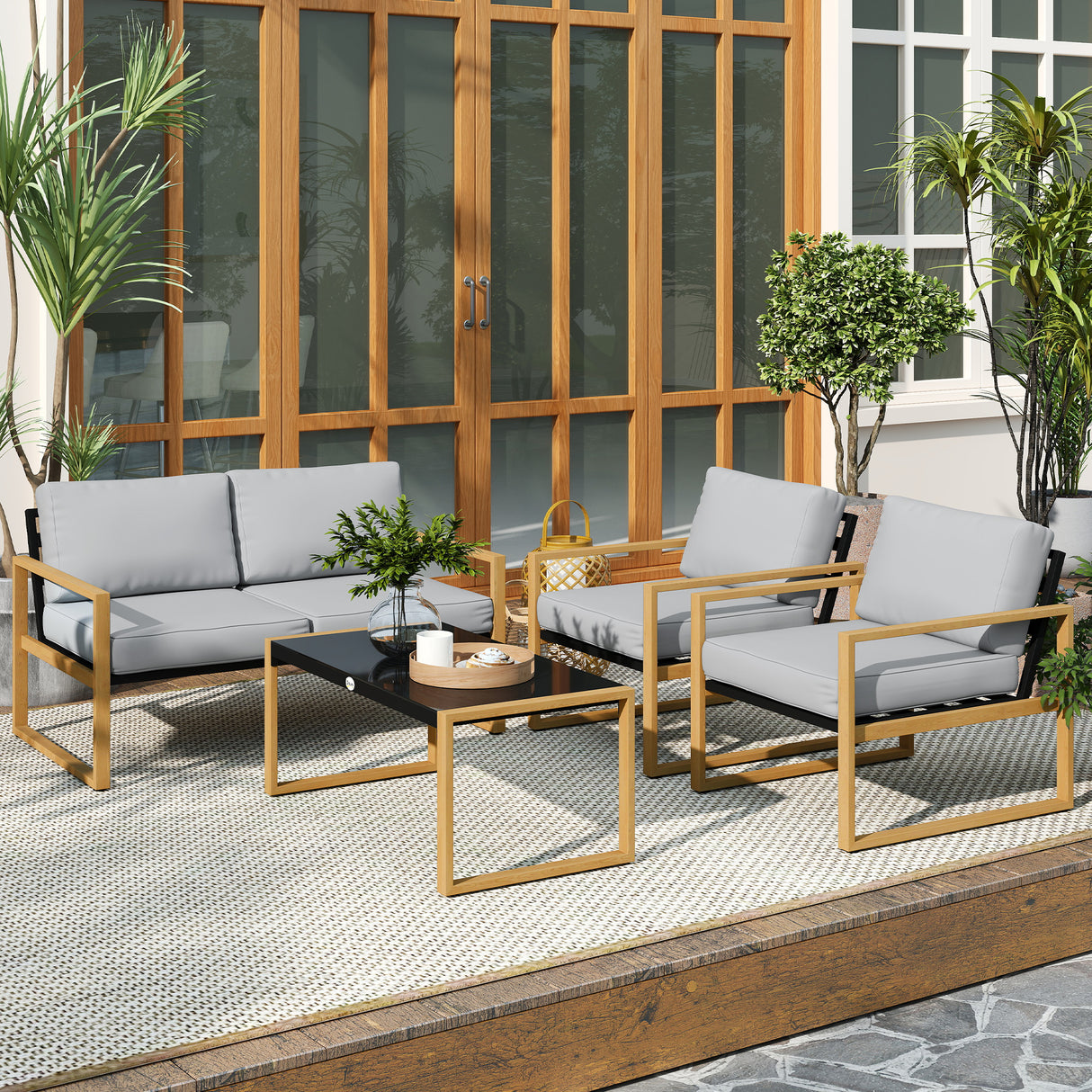 easycomfort easycomfort set da giardino 4 pezzi con 2 poltrone divanetto e tavolino in alluminio e fibra grigio e color legno