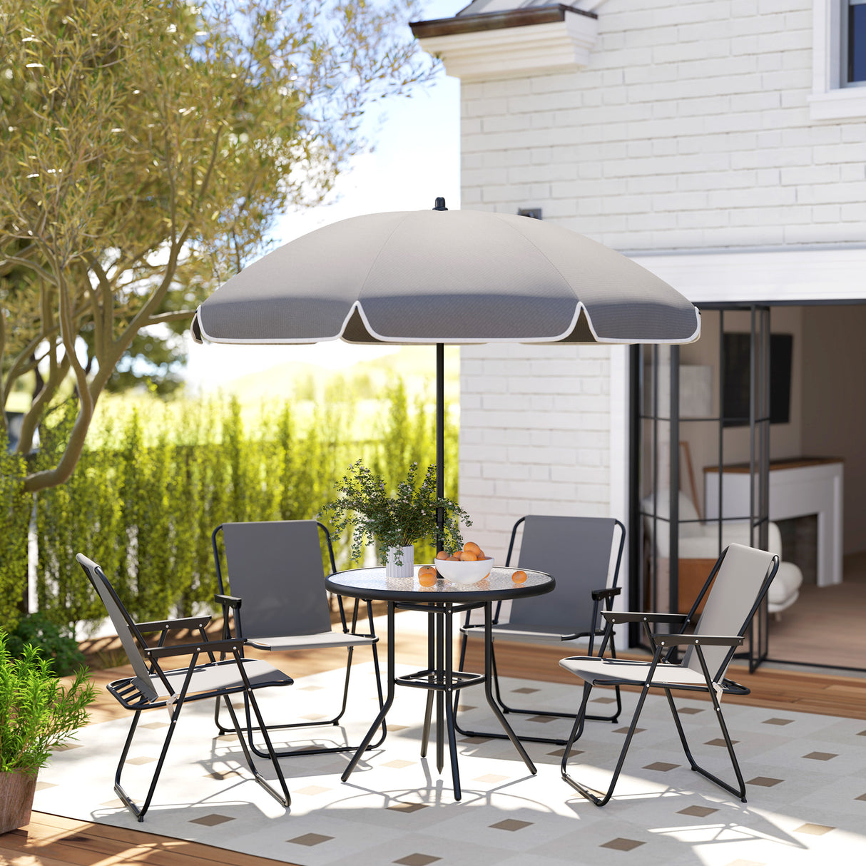 easycomfort easycomfort set da giardino 6 pezzi in acciaio con 4 sedie pieghevoli ombrellone e tavolo rotondo grigio e nero