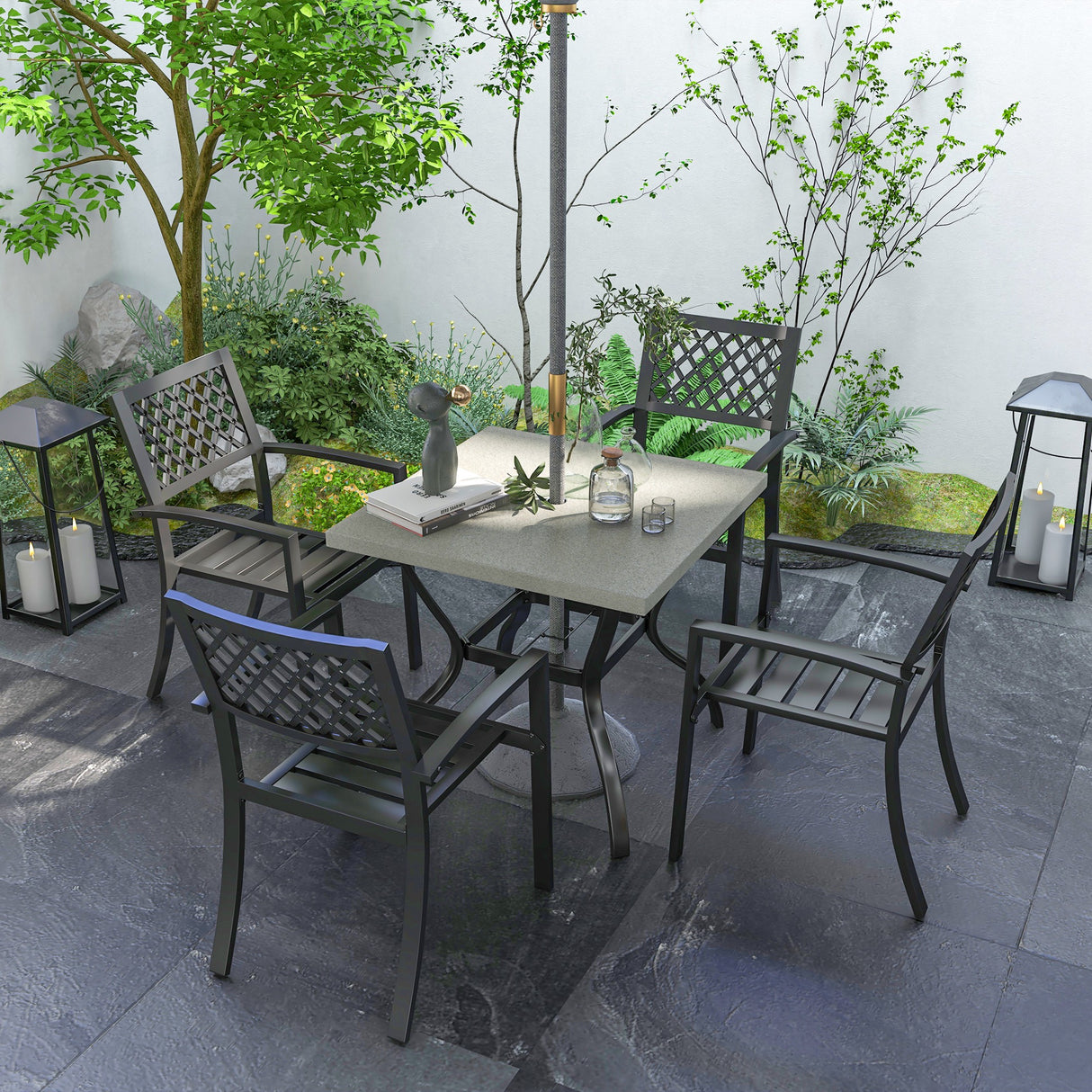 easycomfort easycomfort set da giardino con 4 sedie impilabili e tavolo quadrato effetto marmo grigio