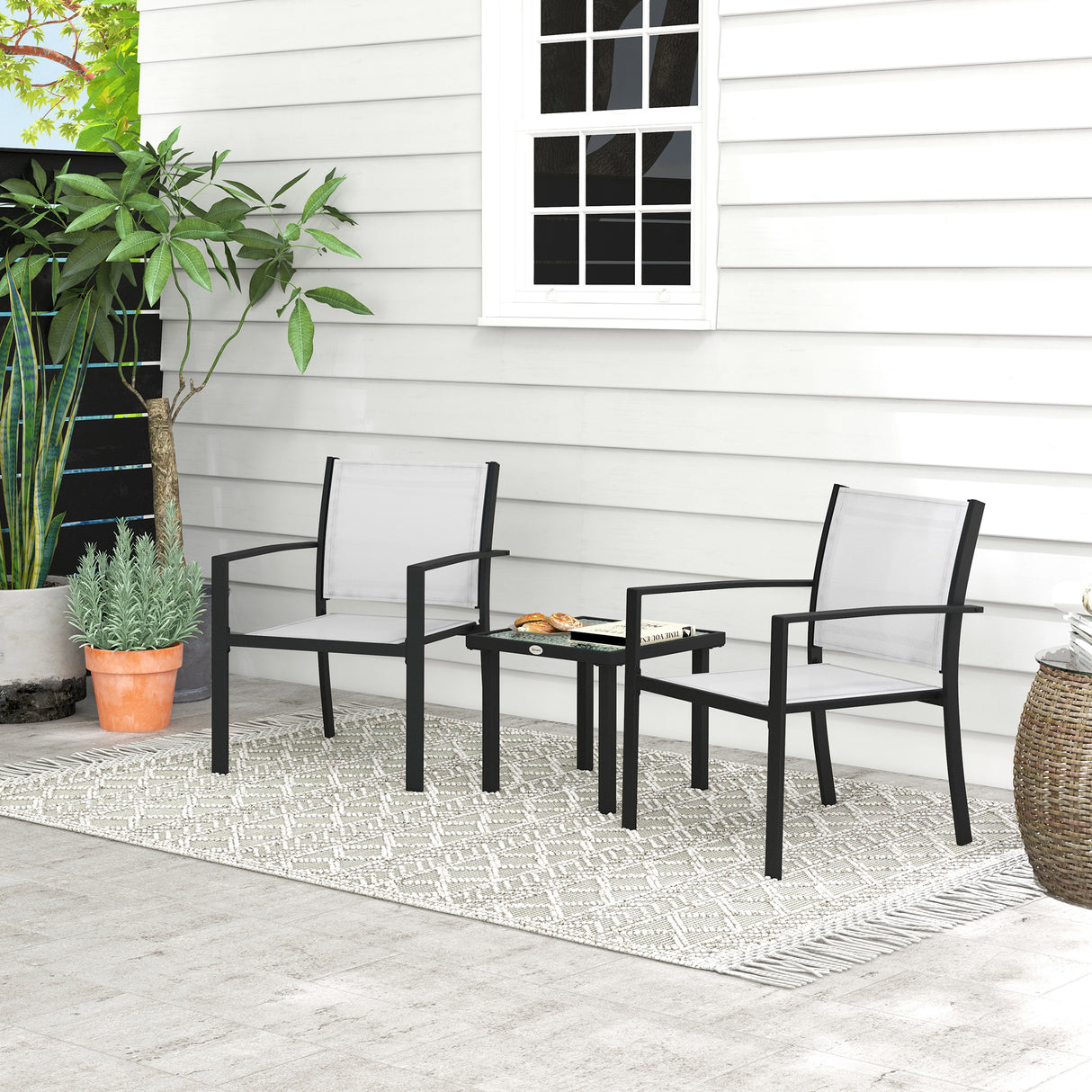 easycomfort easycomfort set da giardino con tavolino in vetro e 2 sedie impilabili in tessuto a rete grigio chiaro