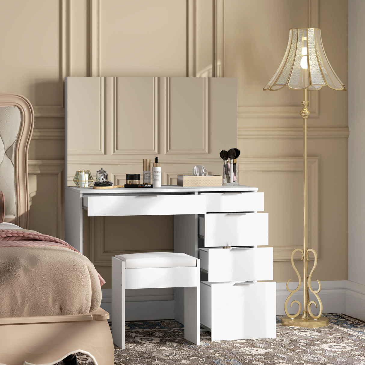 easycomfort easycomfort set tavolo da trucco con specchio e 5 cassetti 97 2x44 5x136 5 cm e sgabello imbottito 40x24x46 cm bianco