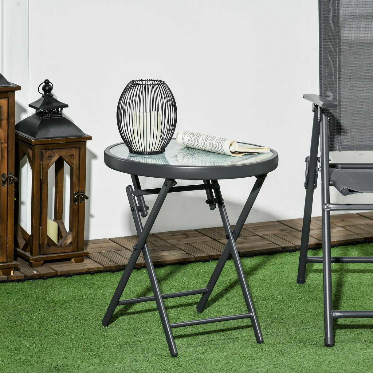 easycomfort easycomfort tavolino da caffe per giardino pieghevole con piano in vetro effetto marmo 45x50cm grigio