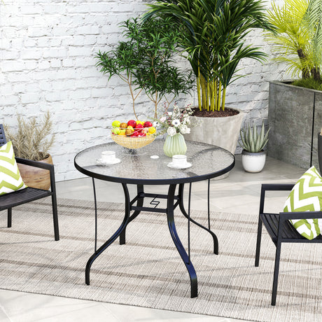 easycomfort easycomfort tavolino da giardino rotondo con foro per ombrellone in metallo e vetro temperato 96 5x71 cm nero