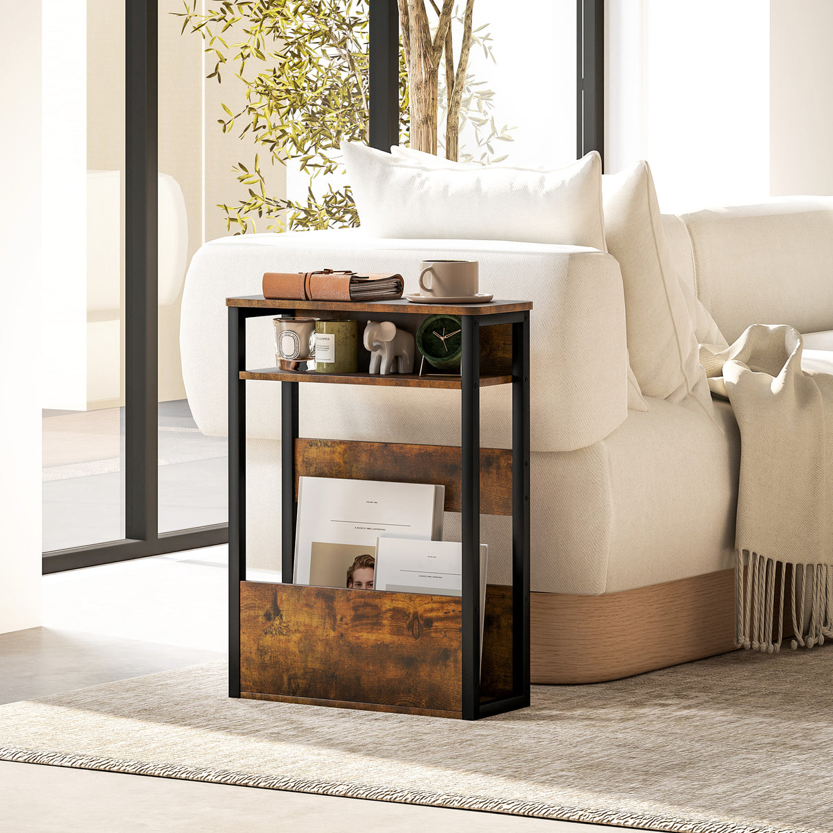 easycomfort easycomfort tavolino da soggiorno in stile industriale con 2 ripiani in legno e metallo 46x18x58 5 cm marrone